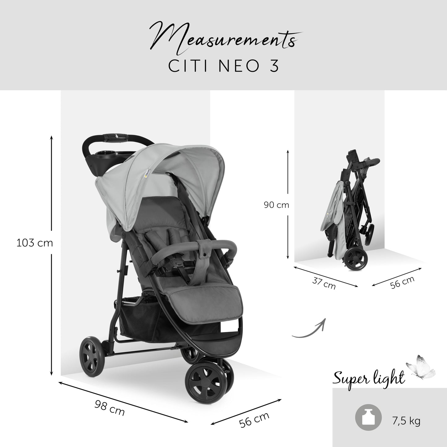 Silla de Paseo Ligera – 3 Ruedas, Reclinable, Hasta 22 kg, Plegado Compacto, Gris